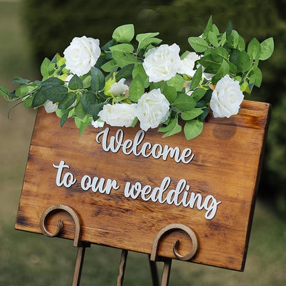 Sggvecsy 2Pcs 15.5Ft Artificial Rose Vine Fake Flower Garland Floral Garland Faux Silk Hanging Vine Rose Ivy Vines for Wedding Arch Party Wall Garden Ceremony Background Outdoor Decor (White)