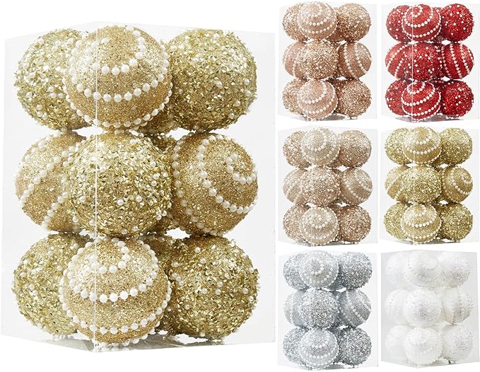 Gold Christmas Ball Ornaments,12ct Christmas Tree Shatterproof Plastic Hanging Sequin Xmas Balls for Festivals Holiday Party Decorations(70mm/2.76")