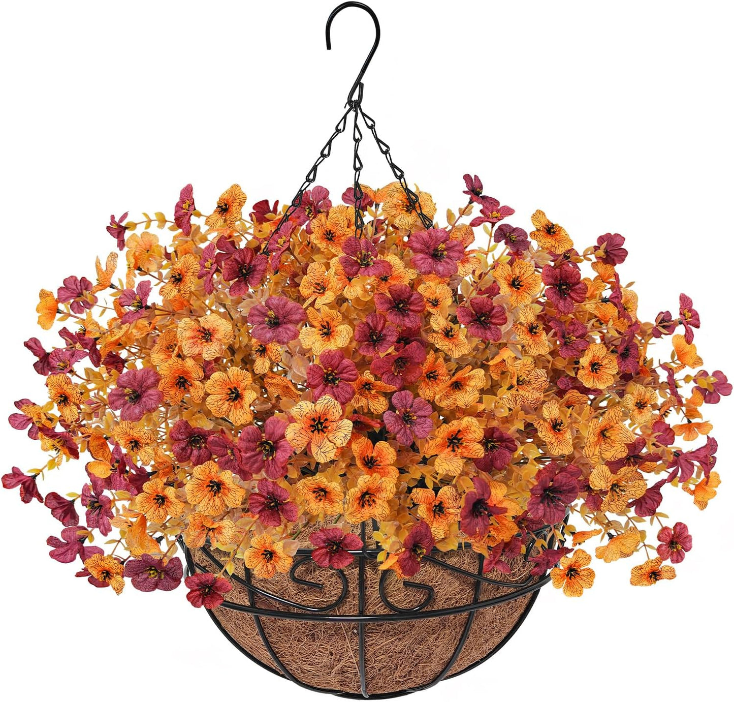 Fall Artfiticial Hanging Flowers Baskets for Outdoors, UV Resistant Fake Fall Hanging Plants, Faux Orange Flowers for Autumn Home Patio Garden Front Porch Balcony Decor (Yellow Red)