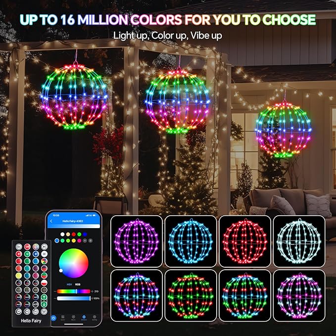 3 Pack Smart LED Christmas Ball Lights, 12 Inch 108 LED Foldable Color Changing Sphere Lights with App & Remote Control, Waterproof Hanging Light Balls Outdoor for Holiday Patio Tree Decor