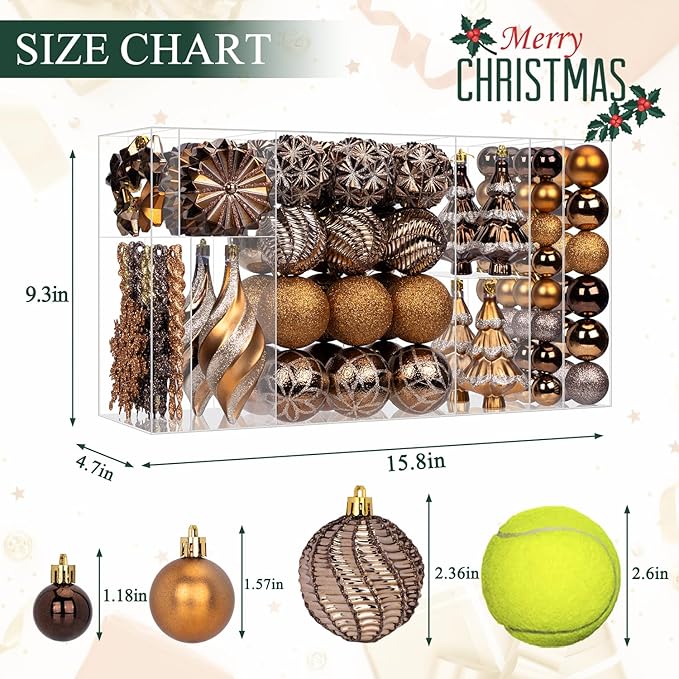 108 Pcs Christmas Ball Ornaments Set, Bronze Copper Brown Gold Shatterproof Hand-Painted Hanging Bulbs Bulk, Decoration for Fall Thanksgiving Harvest Xmas Tree Home Holiday Decor