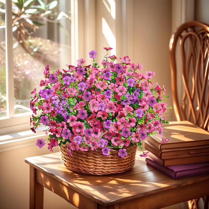 SHIAWASENA Realistic Outdoor Fake Plants Flowers, Artificial Flowers, UV Resistant, 12 Bundles Faux Silk Colorful Violet Flowers Bouquet with Eucalyptus (Rose Red & Purple)