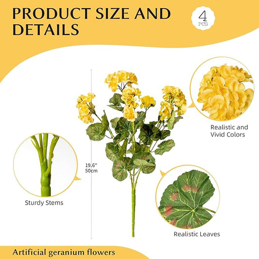 Artificial Geranium Flowers for Outdoors Geraniums Artificial Flowers Realistic Faux Geraniums for Outdoor Planters Silk Geranium Outdoor Fake Flowers Porch Home Kitchen Garden Decor(4PCS，Yellow)