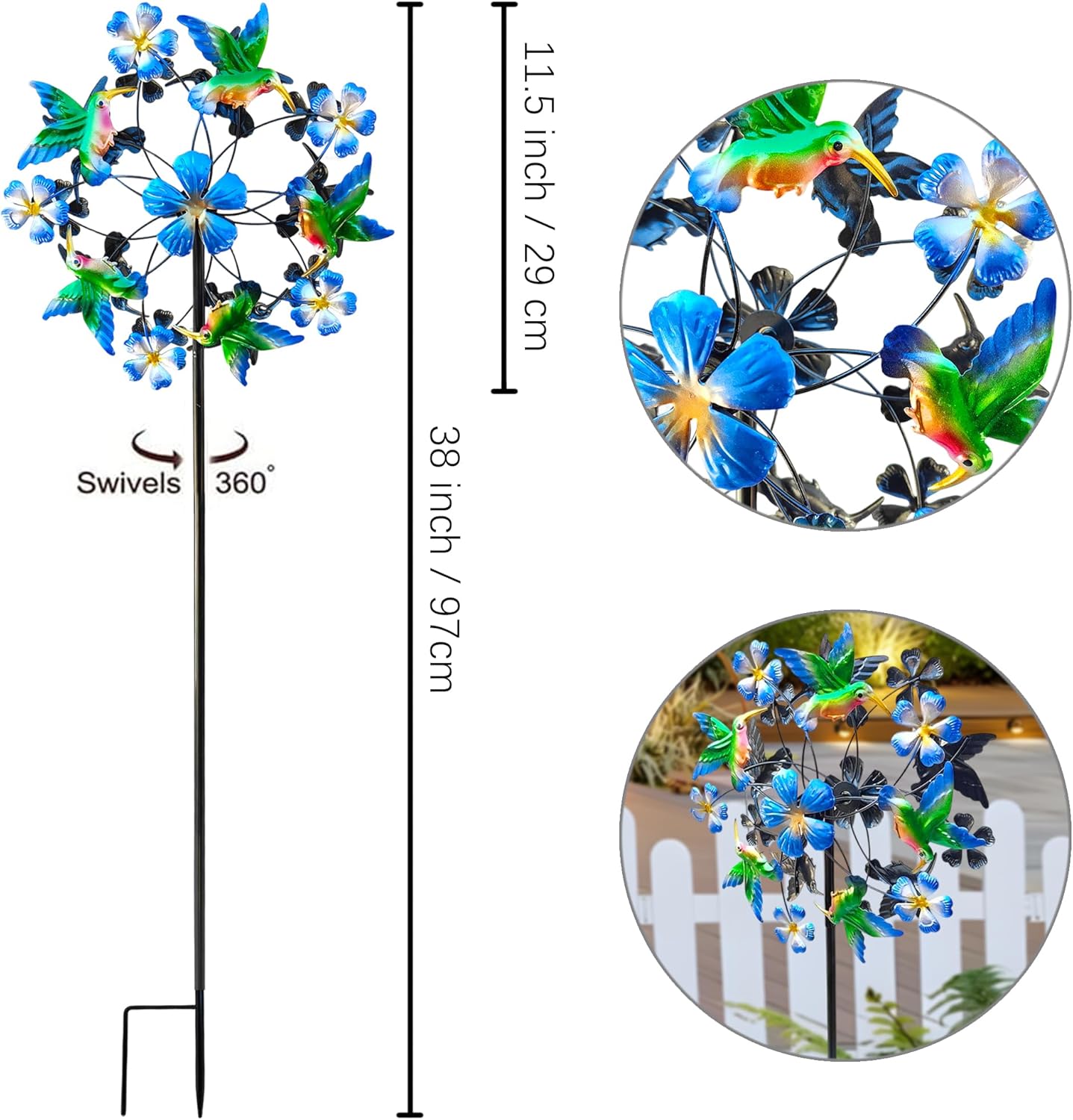 Double Blade Hummingbird Swivel Wind Spinners, Outdoor Garden Spinners 38inch Garden Stakes Decor, Metal Pinwheels for Yard and Lawn