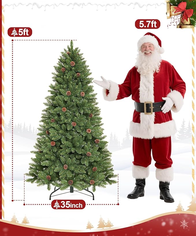 Decoway 5FT Artificial Christmas Tree: Unlit Green Xmas Pine with Pinecones and Metal Stand for Indoor - Holiday Decoration for Porch Living Room Easy Assembly