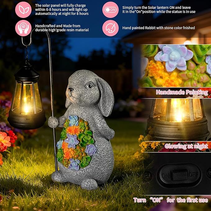 Solar Rabbit Garden Statue with Lantern – Waterproof Resin Outdoor Decor for Yard, Lawn, Patio, Garden – Gift for Easter, Christmas, Housewarming – Solar Garden Decor