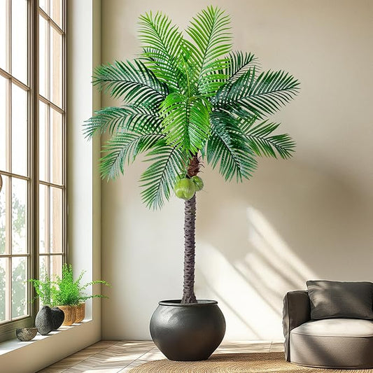 7.2FT Artificial Phoenix Palm Tree with Coconut Fruit Artificial Plants Indoor Outdoor Large Faux Coconut Palm Tree Tropical Fake Palm Plant for Modern Farmhouse Yard Outside Patio Poolside