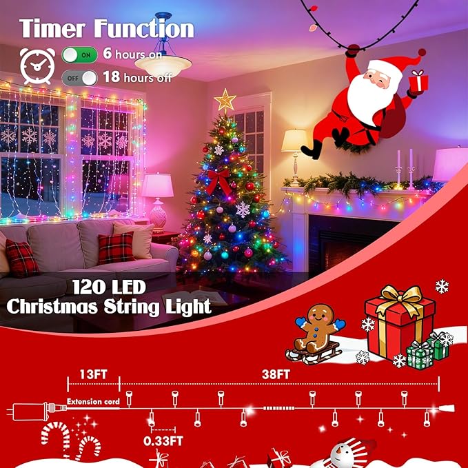 51FT 120LED Smart Color Changing Christmas String Lights Outdoor | App Control RGB LED String Lights with Remote & Timer, Waterproof Twinkle Christmas Tree Lights Indoor for Holiday Xmas Decor