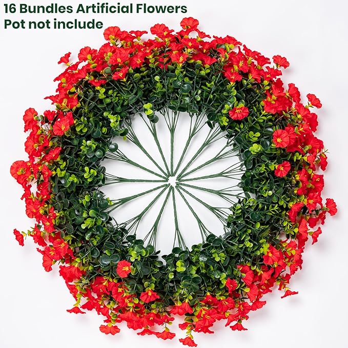 Artificial Faux Flowers for Outdoor 16 Bundles Boxwood Fake Morning Glory for Planter,UV Resistant Fake Flowers for Home Porch Patio Outside（Red）