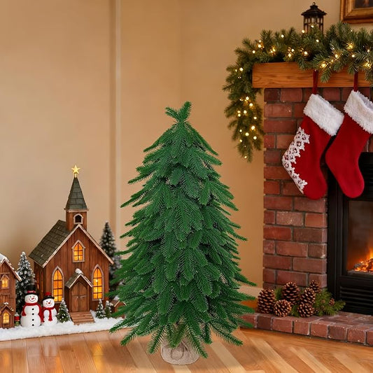 3ft Small Mini Christmas Tree for Tabletop, 1PC Artificial Desktop Christmas Tree with Norfolk Pine Top Design, Small Xmas Tree with Burlap Base for Table Desk Home Christmas Decor