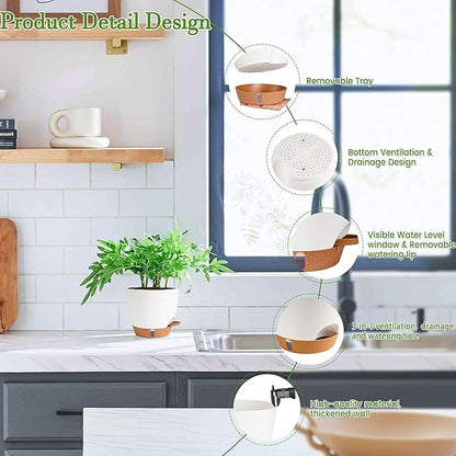 Self Watering Pots for Inoor Ourdoor Plants 8/7/6.5/6/5 Inch Plastic Planters with Drainage Holes & Water Level Indicator, Decorative House Flower Nursery Planting Pots with Saucers (White)