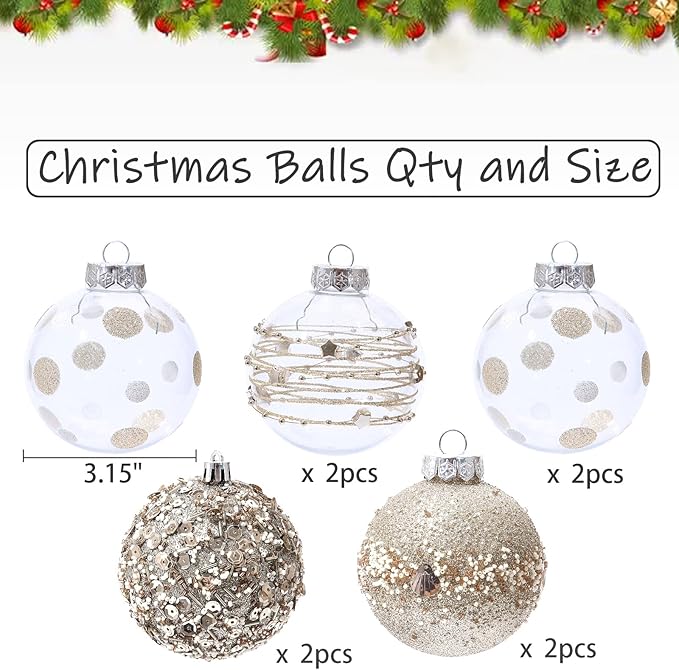 Clear Christmas Ball Ornaments for Christmas Tree Decorations Hanging Balls 8 Pcs 3.15" Glitter Crystal Champagne Shatterproof Christmas Ornaments Balls Set for Xmas Wedding Party Holiday Home Decor
