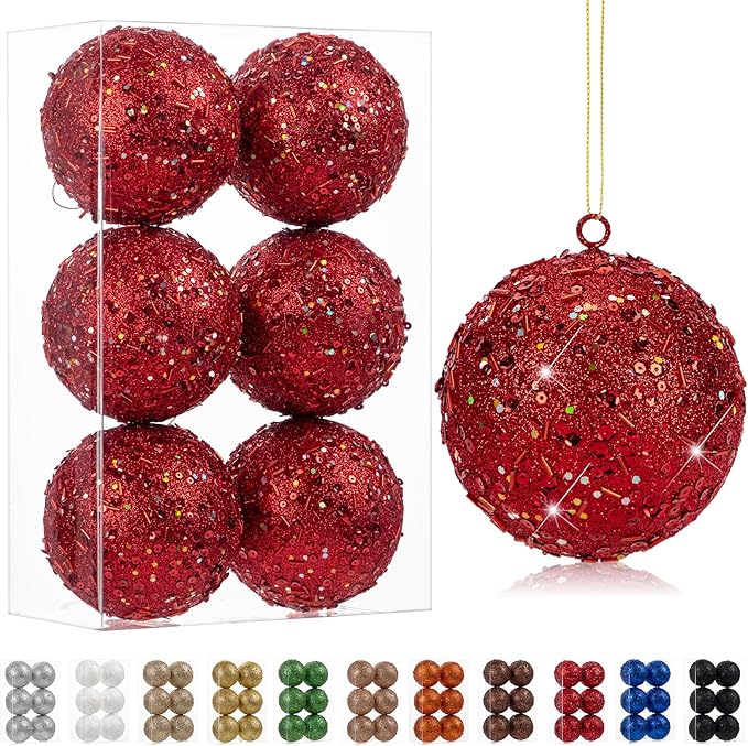 4" Large Christmas Balls Ornaments 6 Pcs Shatterproof Big Red Christmas Ornaments for Tree Bulk Glitter Big Xmas Tree Ornament for Xmas Halloween Holiday Wedding Party Decoration