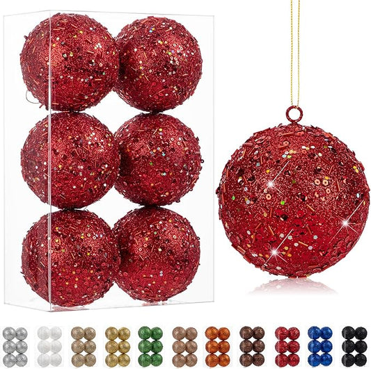 4" Large Christmas Balls Ornaments 6 Pcs Shatterproof Big Red Christmas Ornaments for Tree Bulk Glitter Big Xmas Tree Ornament for Xmas Halloween Holiday Wedding Party Decoration
