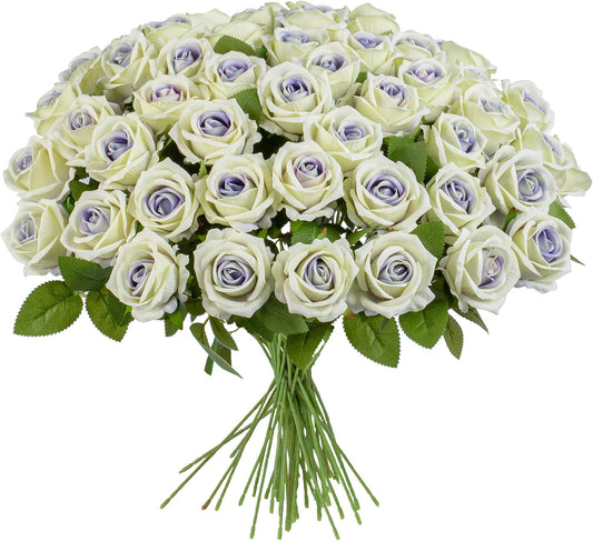 Fake Plants Roses Flowers Plastic Flowers Spring Decorations for Home Gifts for Gf Roses Artificial Flowers for Vase Fake Flowers Home Decor19.6”(Purple Heart 50PCS)