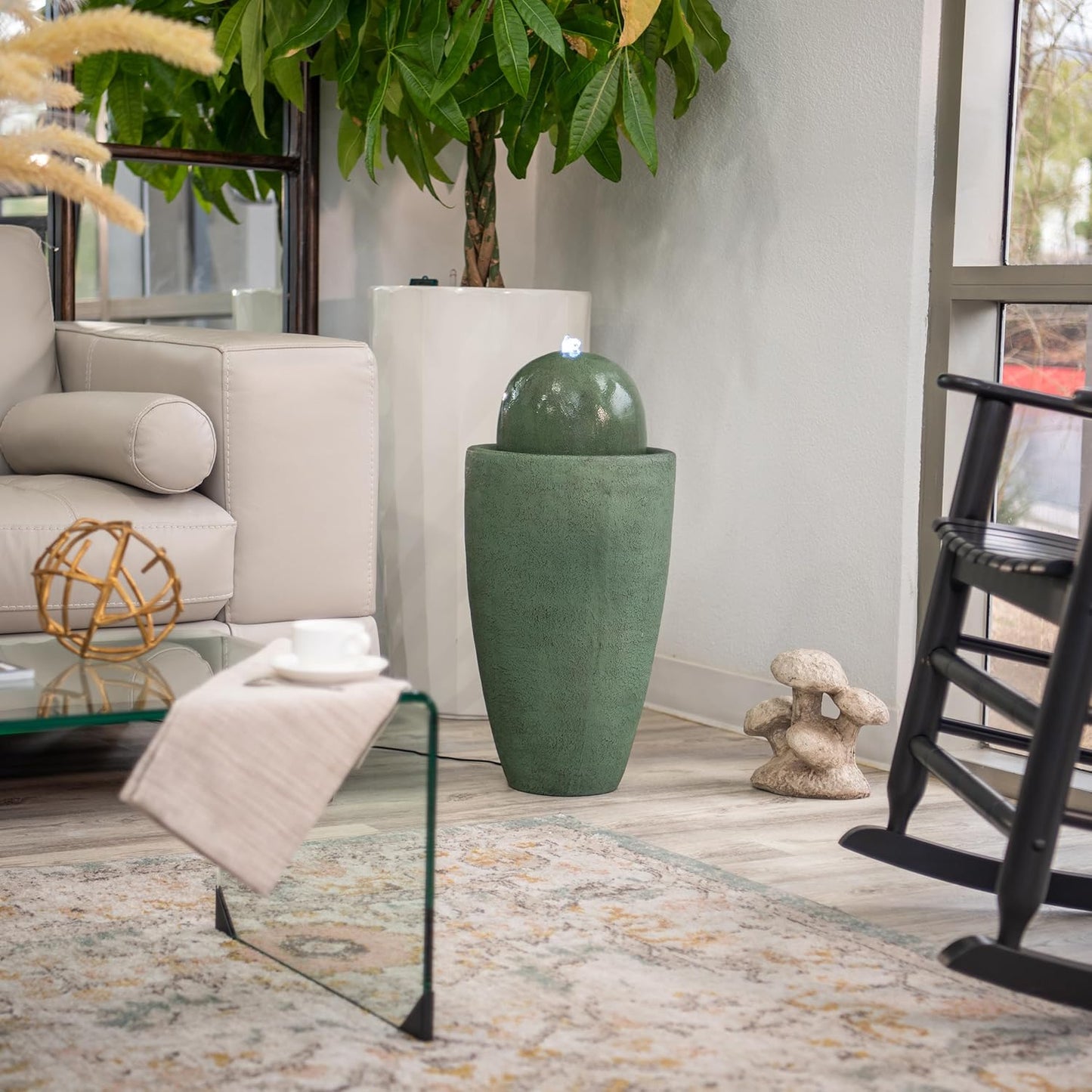 XBrand 25.98" H Green Round Stone Indoor/Outdoor Modern Sphere Water Fountain w/LED Lights – Ball Bubbling Fountain Décor for Garden, Patio, or Tabletop