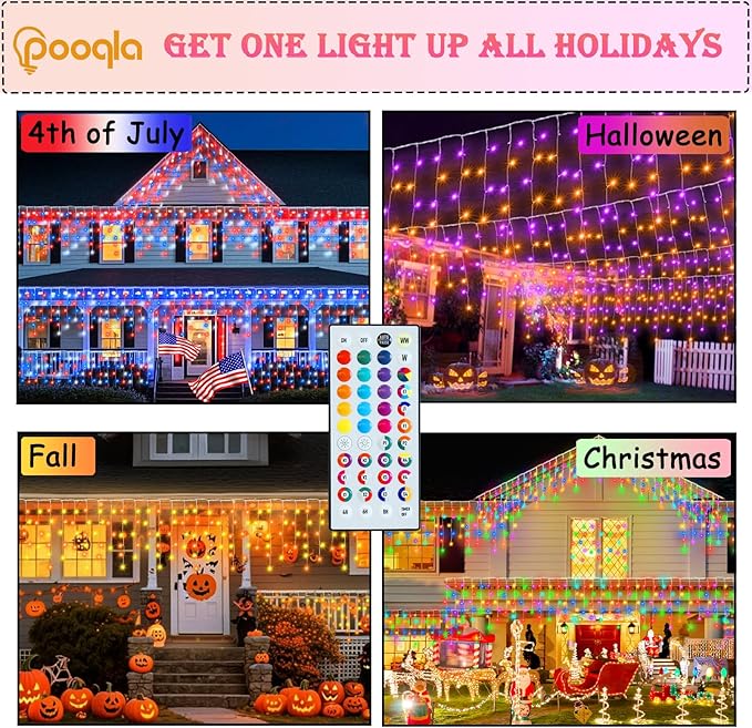 Pooqla Color Changing Icicle Lights with Remote, 34 Colors Christmas Outdoor Decoration, 165 LED 26.2 FT RGB Waterproof Hanging String Lights for Roof Window Home Party Thanksgiving Christmas Decor