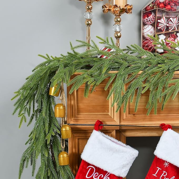 2 PCS 9 FT Artificial Norfolk Pine Garland, Real Touch Christmas Garland, Faux Winter Pine Garland for Fireplace Mantle Table Wall Stair Indoor Outdoor Xmas Holiday Christmas Decorations