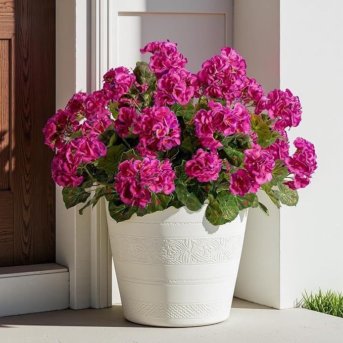 Artificial Geranium Flowers for Outdoors Geraniums Artificial Flowers Realistic Faux Geraniums for Outdoor Planters Silk Geranium Outdoor Fake Flowers Porch Home Kitchen Garden Decor(4PCS，Purple Red)