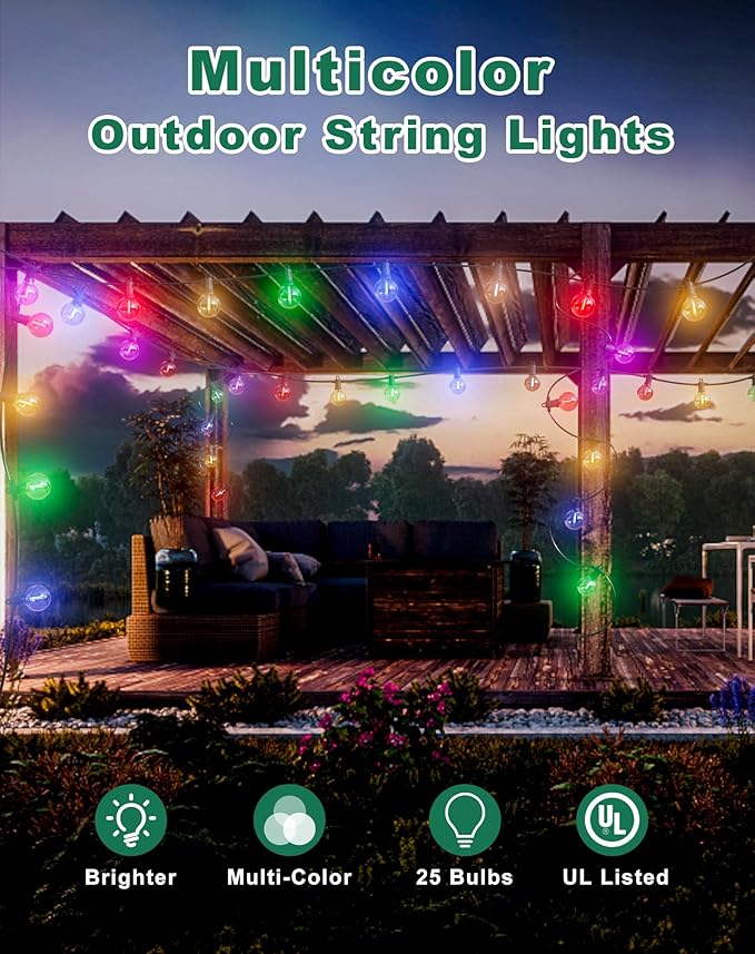 Christmas Lights Outdoor Colored String Lights, 50FT Multicolor String Lights with 25 LED G40 Bulbs Waterproof Patio Lights for Garden Backyard Yard Bistro Holiday Party Halloween