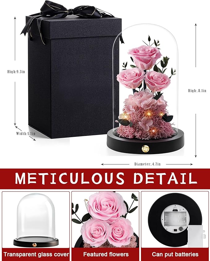 Flowers Roses Gifts for Mom Grandma,Forever Preserved Rose in Glass Dome, Christmas Anniversary Thanksging Birthday Real Roses Gifts for Wife Women Mother in Law/Pink