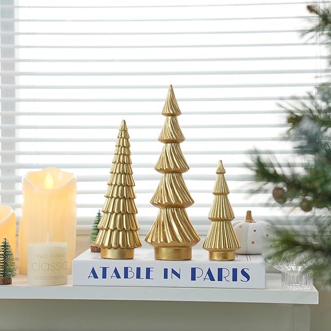 Gold Christmas Trees Small Resin Christmas Tree Figurines, 3Pcs Decorative Tabletop Trees for Xmas Decorations Indoor Mantel Centerpiece
