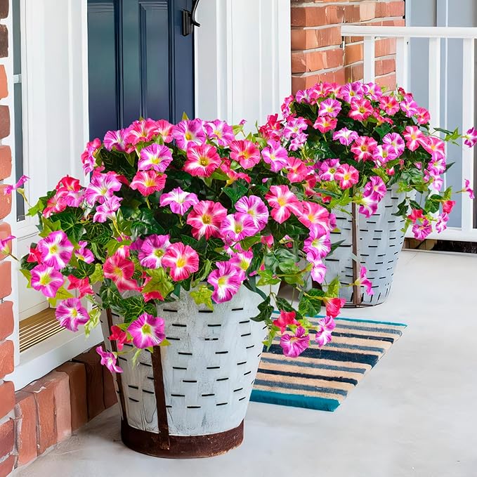 Artificial Flowers for Outdoors 2 Pack UV Resistant Petunias with Real Touch Plastic Leaves, Faux Flowers for Outdoor Planters, Silk Flowers for Outside Garden Porch Window Patio Home Decor, Fuchsia