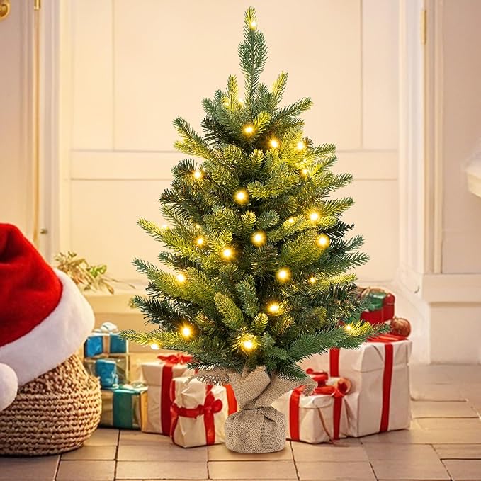 GOFLAME 2FT Pre-Lit Artificial Mini Christmas Tree, Small Tabletop Xmas Fir Tree with 234 Branch Tips, 35 Warm White LED Lights, Timer, Holiday Decoration Tree with Burlap Base