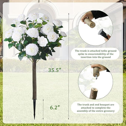 Sunnyglade 35.5" Set of 2 Artificial Camellia Tree, Faux White Camellia Flowers Plant with Spike Fake Silk Flora Topiary Plants Tree for Indoor, Garden, Yard, Porch, Patio Decoration