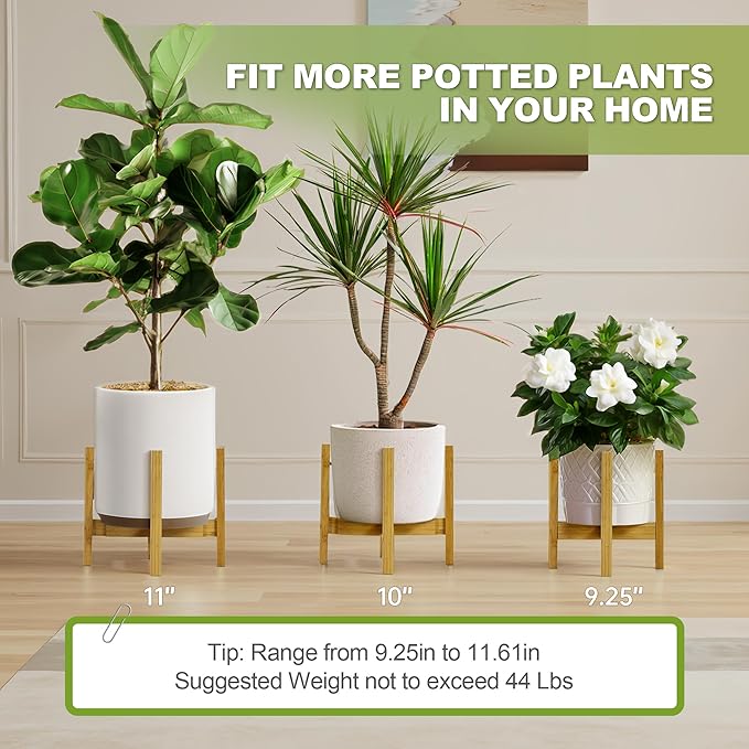 Adjustable Plant Stand Indoor with Detachable Wheels Bamboo Mid Century Modern Plants Stands Expandable Plug in Assemble Flower Pot Stand,Fit 9.25" to 11.61", Natural