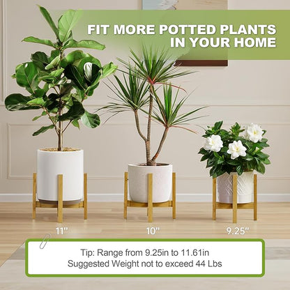 Adjustable Plant Stand Indoor with Detachable Wheels Bamboo Mid Century Modern Plants Stands Expandable Plug in Assemble Flower Pot Stand,Fit 9.25" to 11.61", Natural
