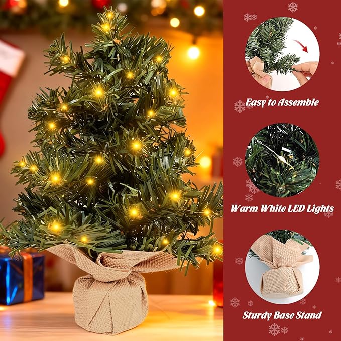 FR 12 Inch Tabletop Christmas Tree,Mini Artificial Christmas Tree,Equipped with LED Lights,Suitable for Desktop Centrepiece,Mantelpiece,Indoor DIY Christmas Decoration