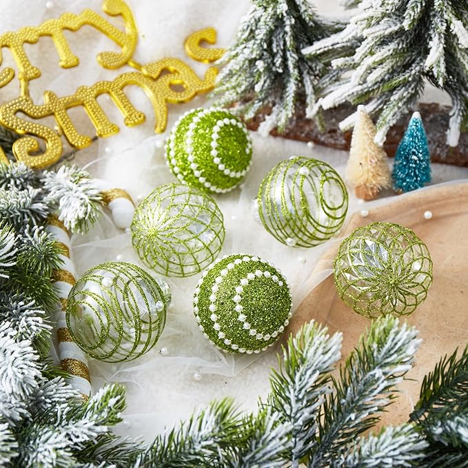 12CT Christmas Ball Ornaments Green Shatterproof Clear Large Plastic Christmas Tree Decoration, Delicate Hanging Ornaments for Xmas Party, Wedding, Holiday and Home Décor(70mm/2.76")
