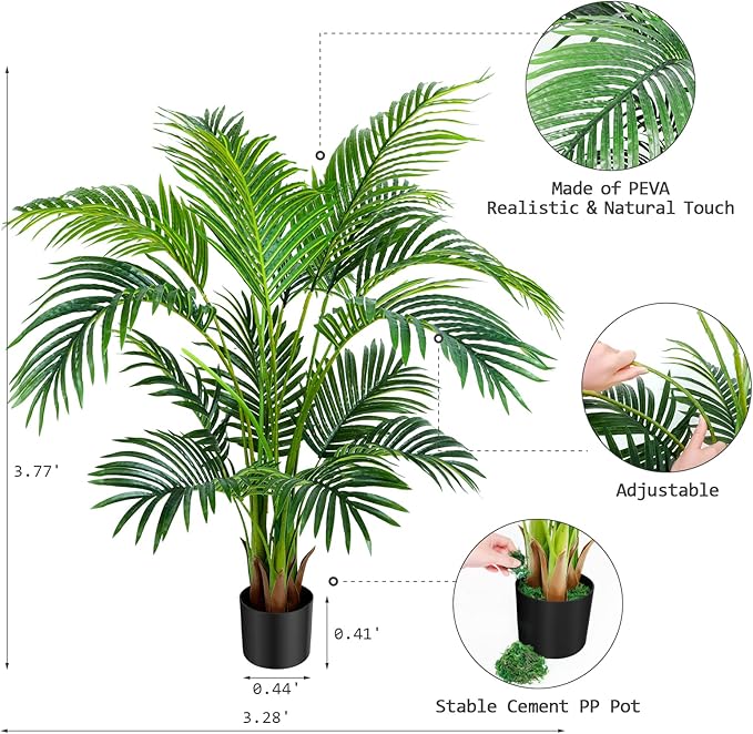 Worth Garden 4ft Artificial Areca Palm Plant 2 Packs in Pot, Fake Cane Palm Silk Tree Indoor Outdoor, Dypsis Lutescens, 47in Lifelike Faux Silk Plant Home Decor, Two Linen Bags Included