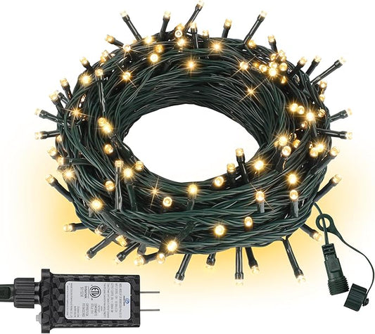 Christmas Lights 33FT 100 LED 8 Modes with Timer Connectable Decorative String Lights for Xmas Tree Patio Party Warm White