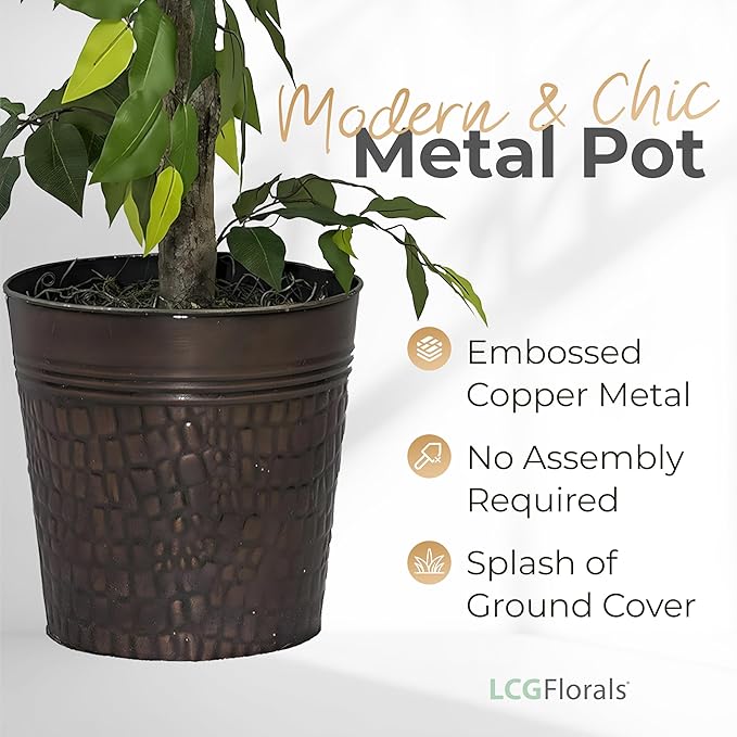 4ft Artificial Plant with Copper Metal Pot and Real-Wood Trunk - Realistic Artificial Trees for Home Decor Indoor, Faux Ficus Tree