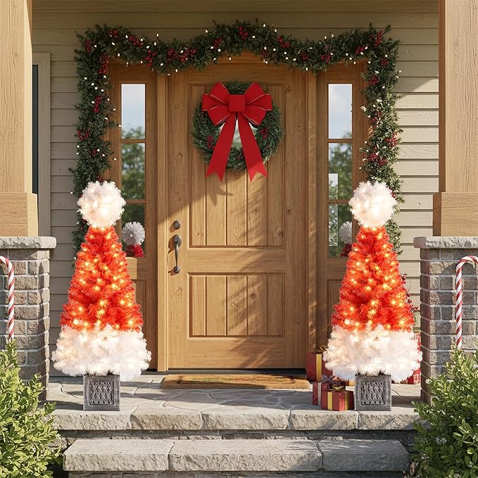 GOFLAME 4FT Pre-Lit Artificial Christmas Entrance Tree, Potted Candy Cane Xmas Tree with 300 Branch Tips, 100 Warm LED Lights, Urn Base, Indoor Outdoor Holiday Decoration Tree for Home Party