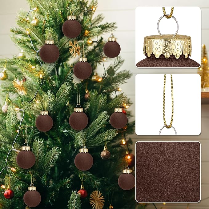 12 Pcs Velvet Christmas Balls Flocked Christmas Tree Hanging Ornaments Shatterproof Plastic Hanging Balls Decorations for Xmas Tree Party Home Holiday Decor (Brown, 3.15 inch)