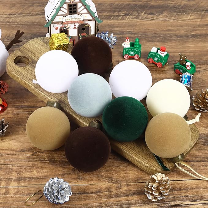 12 Pcs Velvet Christmas Balls Bulk Shatterproof Plastic Christmas Tree Decorations for Decorative Hanging Baubles (12, Coffee、White、Haze Blue、Beige、Blackish Green、Khaki, 3.94Inch)