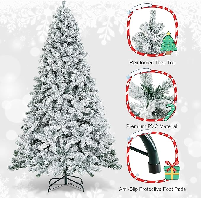 HAPPYGRILL 7.5 Feet Flocked Christmas Tree Artificial Xmas Tree with 1010 PVC Branch Tips, Hinged Xmas Tree Life-Like Seasonal Holiday Tree for Home Office