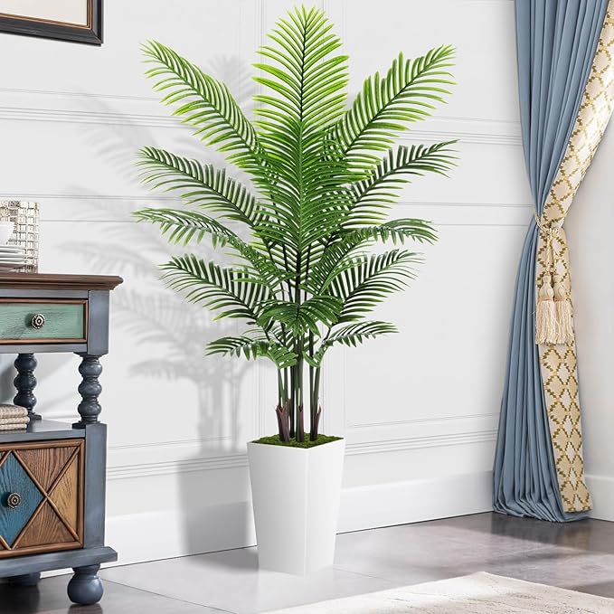 Artificial Palm Tree 6FT - Fake Tree with White Tall Planter - Faux Tropical Areca Floor Plant in Pot - Artificial Silk Plant for Home Office Living Room Decor Indoor