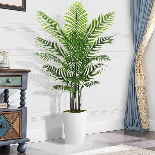 Artificial Palm Tree 6FT - Fake Tree with White Tall Planter - Faux Tropical Areca Floor Plant in Pot - Artificial Silk Plant for Home Office Living Room Decor Indoor