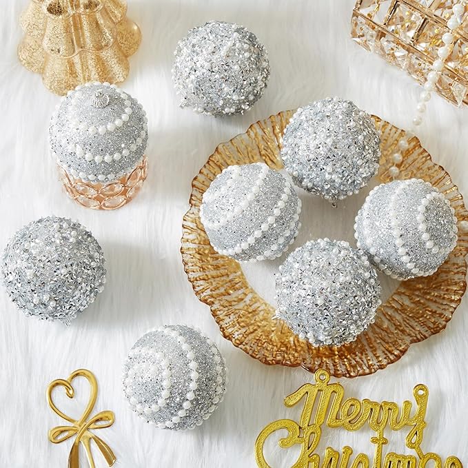 Silver Christmas Ball Ornaments,12ct Christmas Tree Shatterproof Plastic Hanging Sequin Xmas Balls for Festivals Holiday Party Decorations(70mm/2.76")