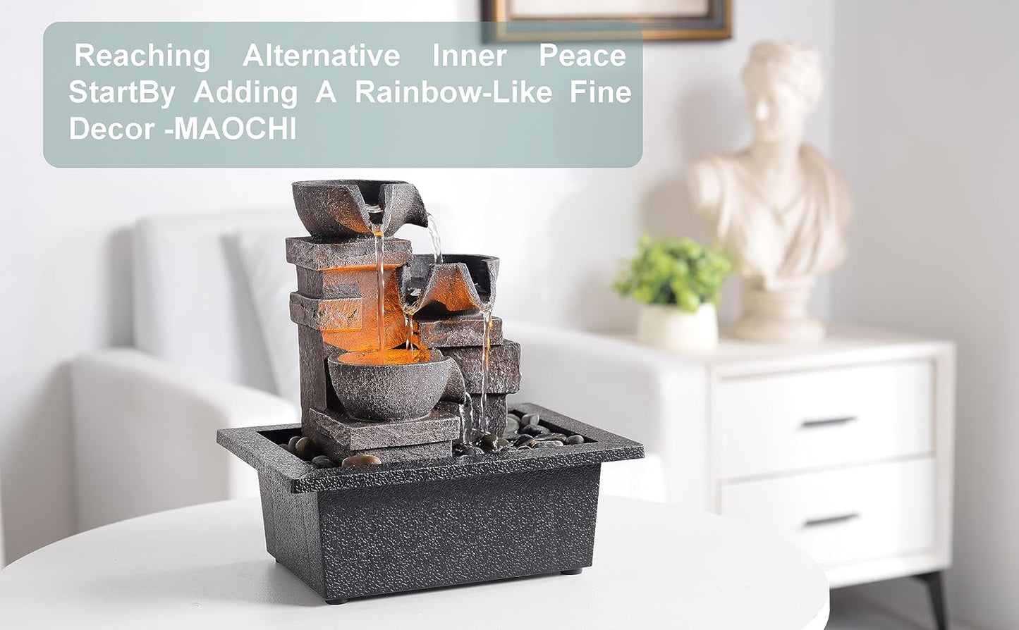 Indoor Fountain 3-Bowl Rockery Soothing Sound Tabletop Fountains Home/Office Decor with Natural River Rocks LED Lights Automatic Watering Pump(22044A)