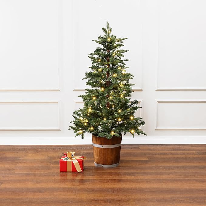 LuxenHome 4FT Small Christmas Tree, Prelit Slim Potted Christmas Trees with 100 Warm White LED Lights, Realistic Fir Tree with Rustic Wood Barrel Planter for Entrance, Hallway Holiday Decorations
