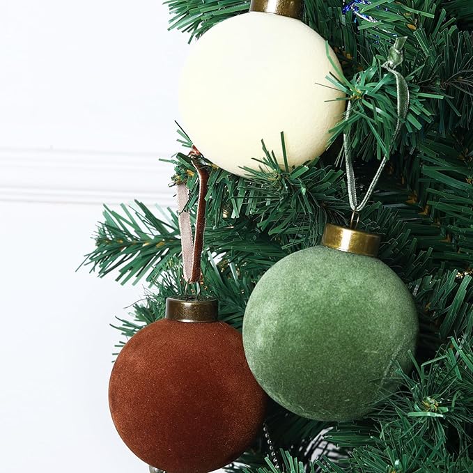 12 Pcs Velvet Christmas Balls Bulk Shatterproof Plastic Christmas Tree Decorations for Decorative Hanging Baubles (12, Brown、Green、Beige、Khaki, 3.94Inch)