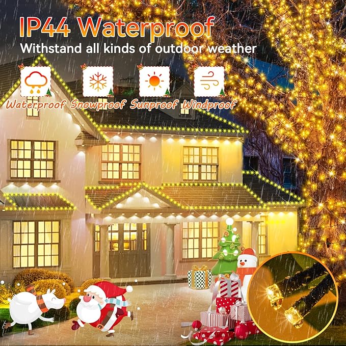Hezbjiti 2 Pack 1000 LED 403 FT Christmas String Lights Outdoor, 8 Lighting Modes IP44 Waterproof Fairy Lights with Timer and Dimmable Function for Party Tree Decorations (Warm White, Green Wire)