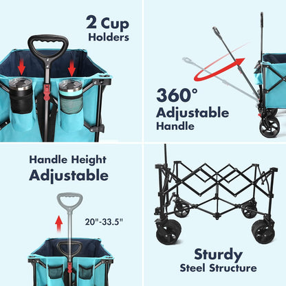 VILLEY Collapsible Folding Wagon with Big Wheels, All Terrain Beach Wagon Cart Heavy Duty Foldable, Enlarged 225lbs Capacity, Portable Utility Garden Cart with 2 Cup Holders and Brake, Blue
