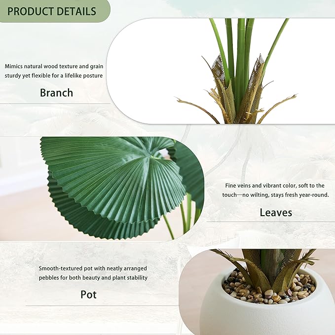 Artificial Fan Palm Tree 5FT Fake Tree Round Leaf Fake Palm Plant, Faux Tropical Areca Floor Plant with Planter, Artificial Silk Plants for Indoor Outdoor Home Office Bedroom Living Room Decor