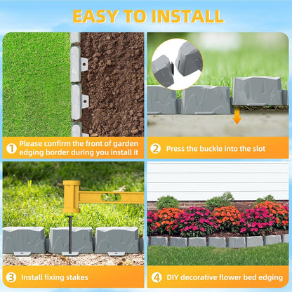 8Pcs Landscape Edging(12 FT) 24 Spikes - Faux Stone Edging Border for Garden, Flower Beds, Lawn & Pathways | 12" L x 3" H | Faux Stone Edging for Landscaping Outdoor (Grey)